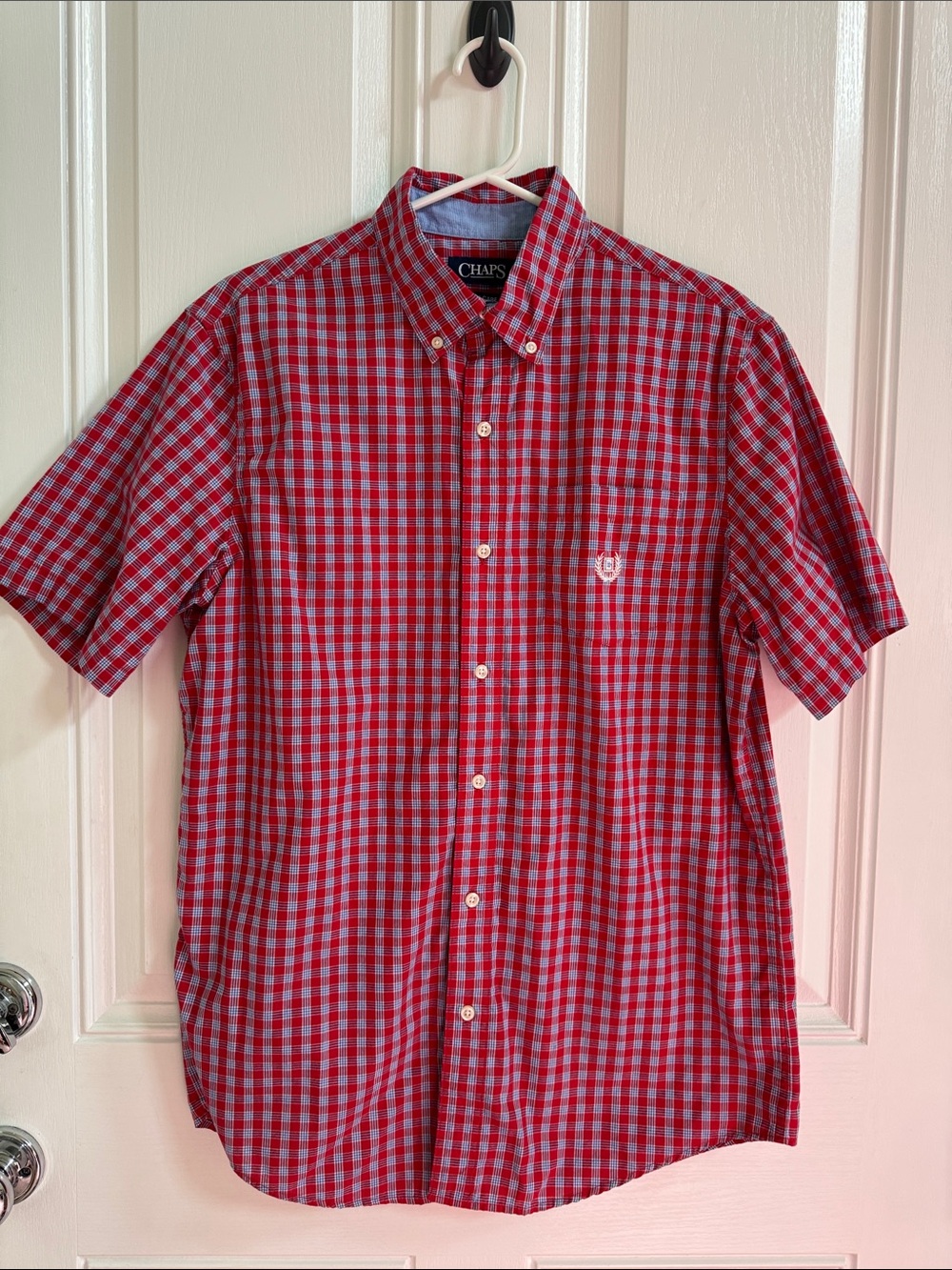 Chaps Red and Light Blue Gingham Short-Sleeve Button-Down Shirt